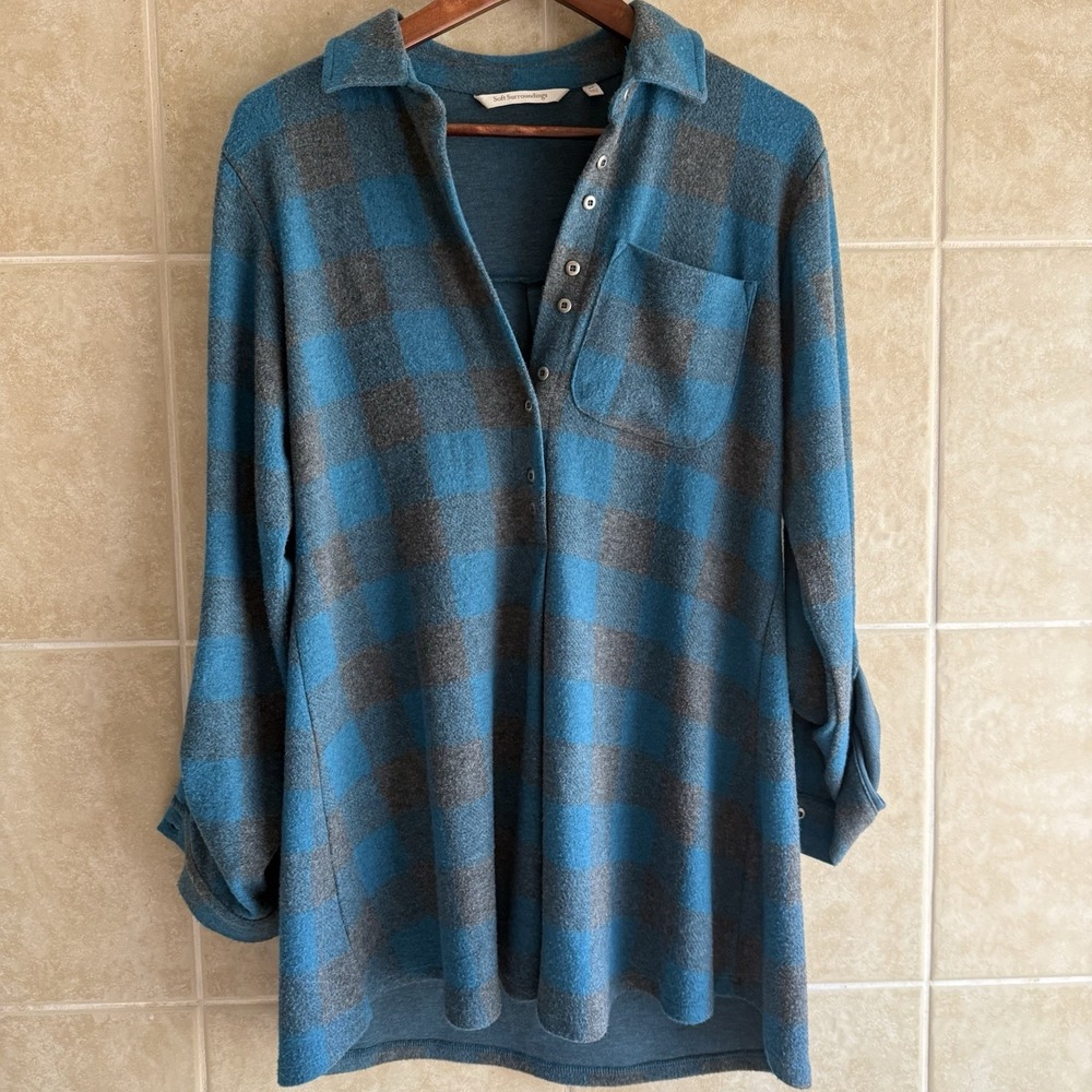 Soft Surroundings Tunic XS Teal Gray Plaid Buffalo Check Knit Soft Cozy Fall